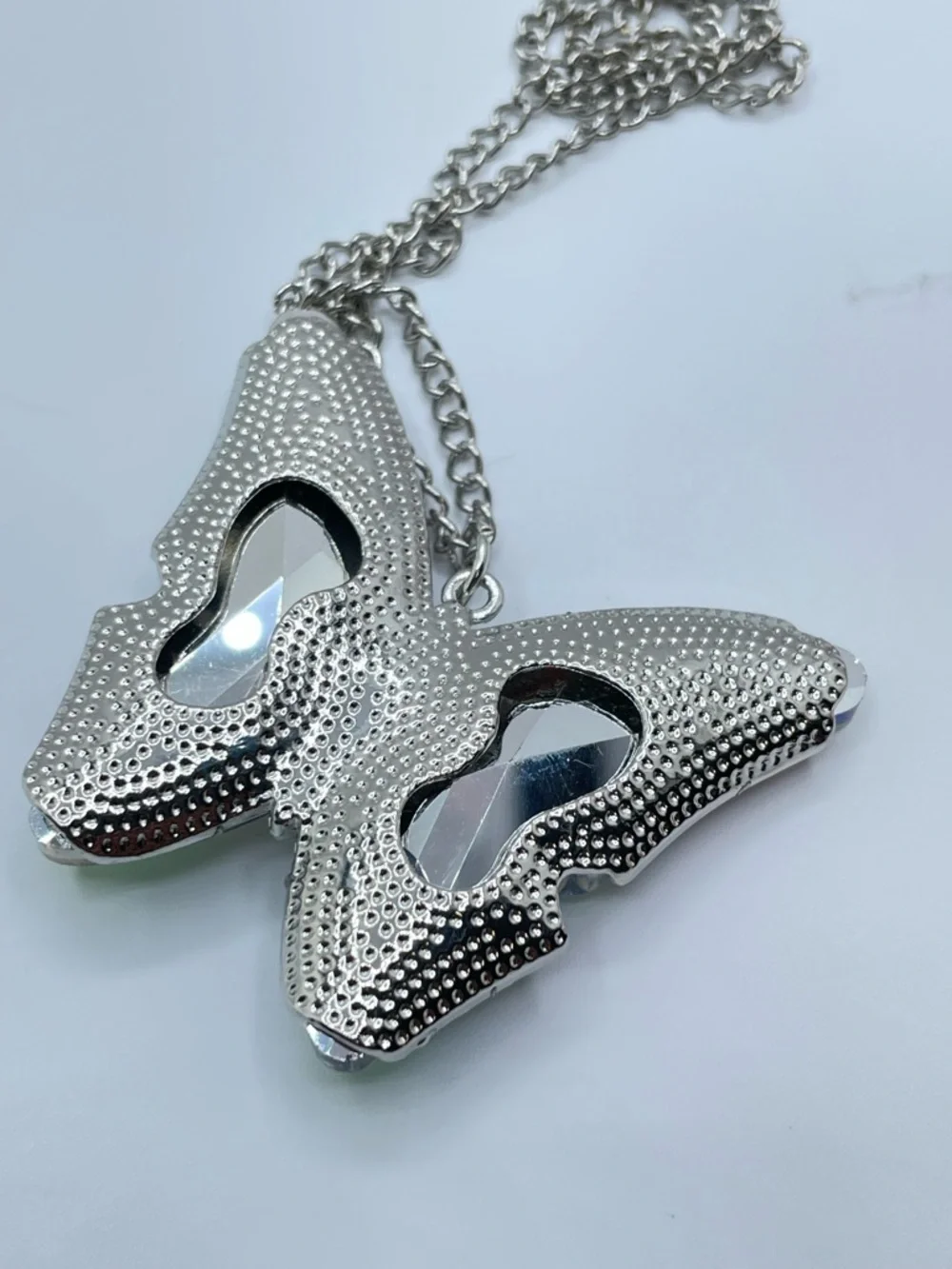 Butterfly AB Crystal Necklace Silver Tone Iridescent Statement Pendant